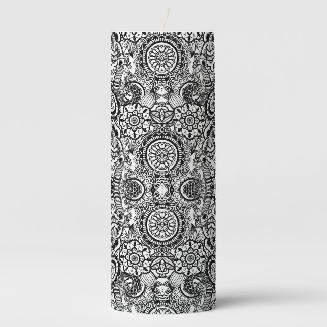 Cute black white floral paisley pillar candle (Front)