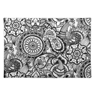 Cute black white floral paisley placemat