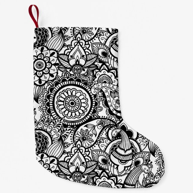 Cute black white floral paisley small christmas stocking (Front)