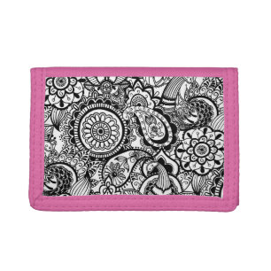 Cute black white floral paisley tri-fold wallet