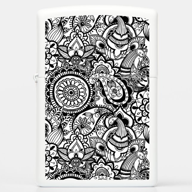 Cute black white floral paisley zippo lighter (Front)
