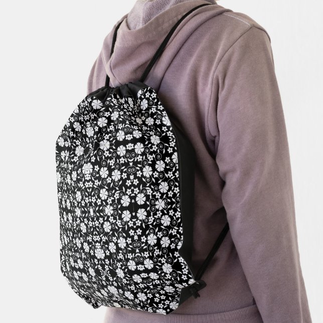 Cute black white flowers pattern drawstring bag (Insitu)