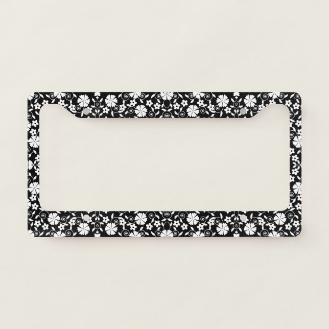 Cute black white flowers pattern license plate frame (Front)