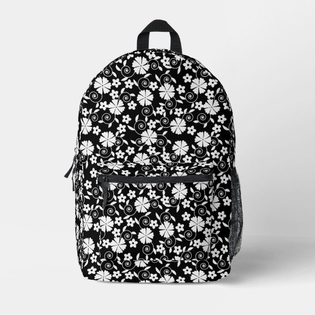 Cute black white flowers pattern printed backpack (Front)