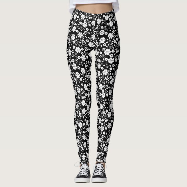 Cute black white flowers patterns leggings (Front)