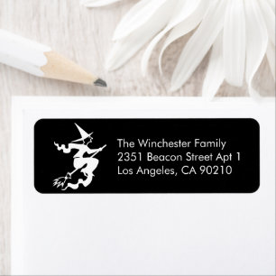 Cute black white flying witch Halloween address Label