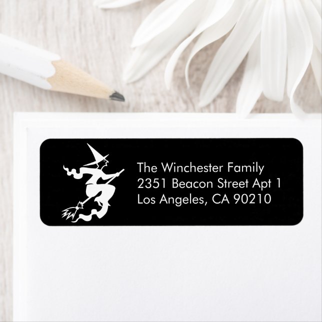 Cute black white flying witch Halloween address Label (Insitu)