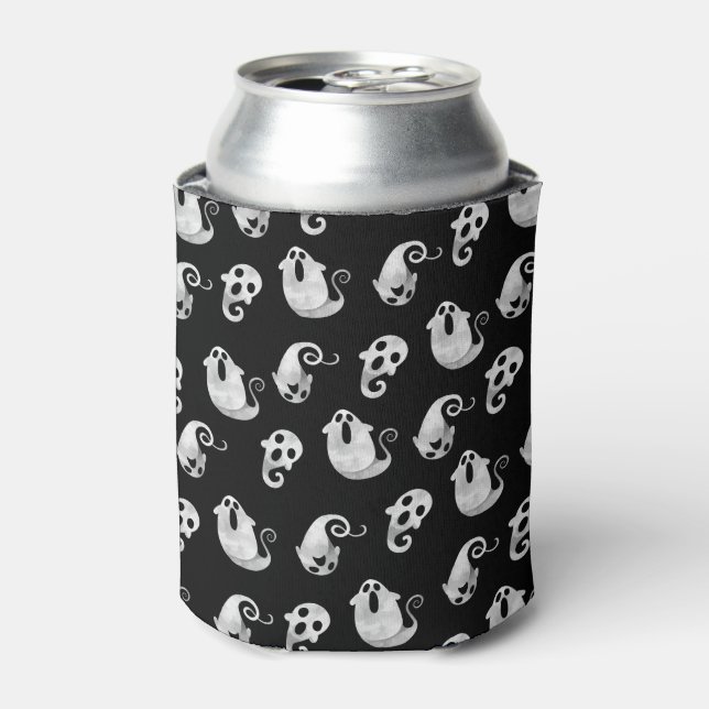 Cute Black & White Ghosts Halloween Can Cooler (Can Front)