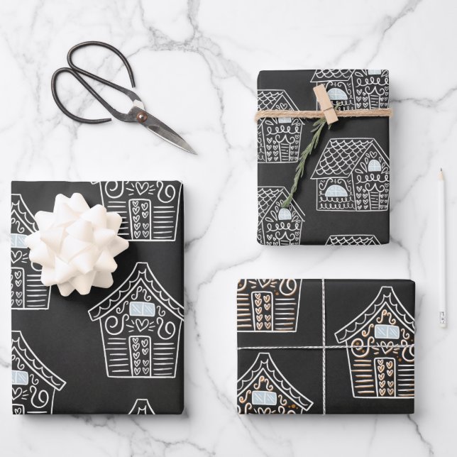 Cute Black White GingerBread House Christmas Gift Wrapping Paper Sheets (Front)