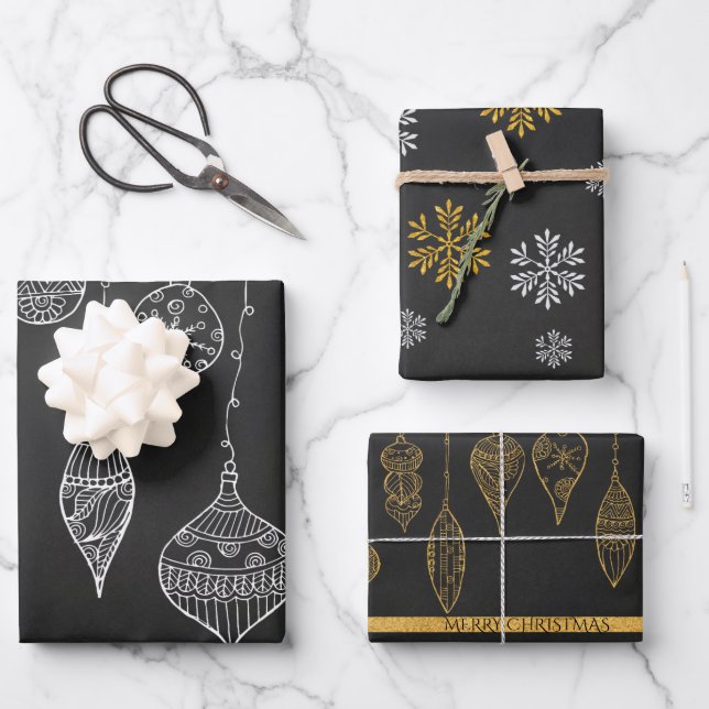 Cute Black White Gold Christmas Tree Ornament Gift Wrapping Paper Sheets (Front)