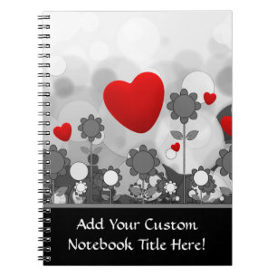 Cute Black/White/Grey Flowers w/Big Red Heart Notebook