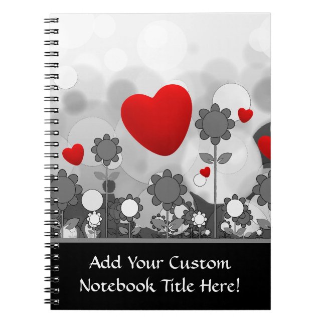 Cute Black/White/Grey Flowers w/Big Red Heart Notebook (Front)