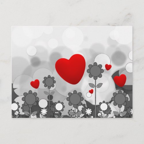 Cute BlackWhiteGrey Flowers wBig Red Heart Postcard