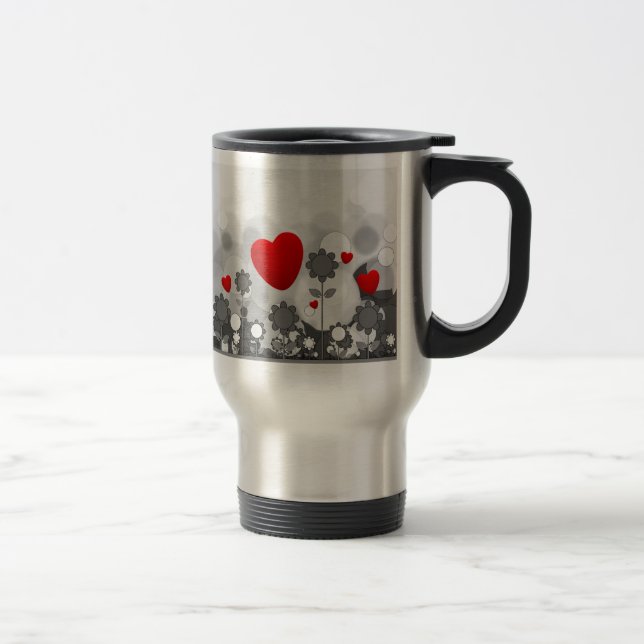 Cute Black/White/Grey Flowers w/Big Red Heart Travel Mug (Right)