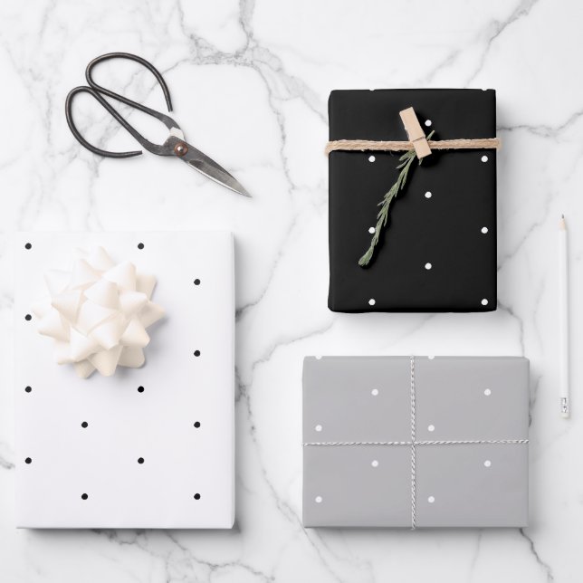 Cute black white grey tiny polka dots pattern chic wrapping paper sheets (Front)