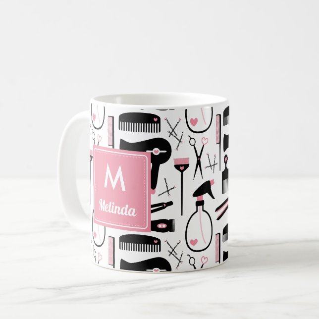 Cute Black White Hair Stylist Pattern Monogram Coffee Mug (Front Left)