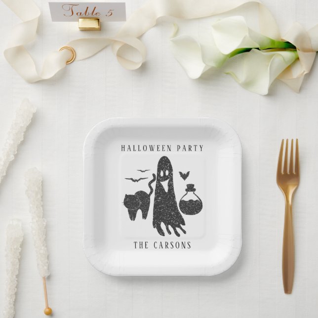 Cute Black White Halloween Ghost Bats Cat Witch Paper Plates (Wedding)