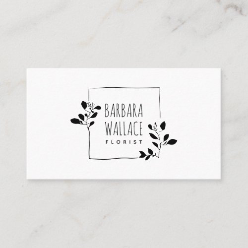 Cute black white hand drawn floral frame minimal business card