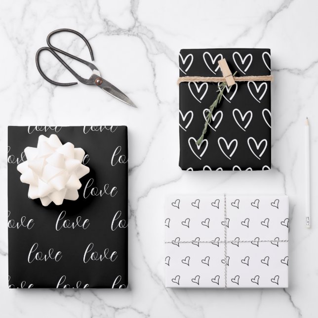 Cute Black White Hearts Pattern Valentine Modern Wrapping Paper Sheets (Front)