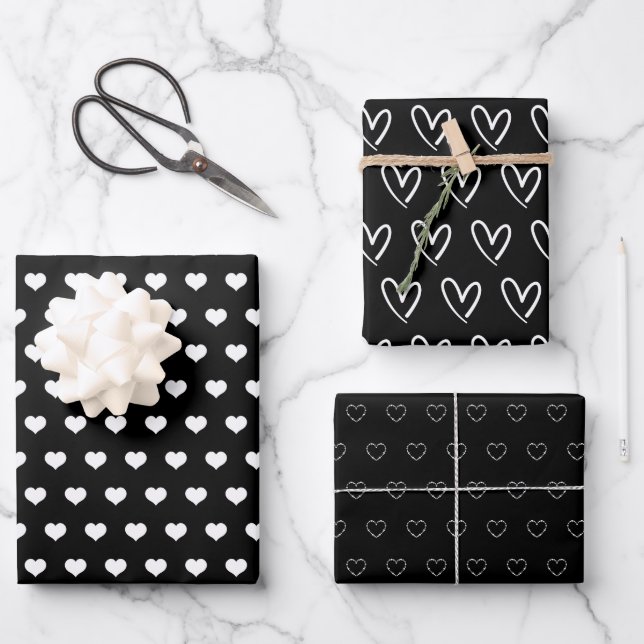 Cute Black White Hearts Pattern Valentine Modern Wrapping Paper Sheets (Front)