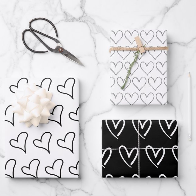 Cute Black White Hearts Pattern Valentine  Wrapping Paper Sheets (Front)