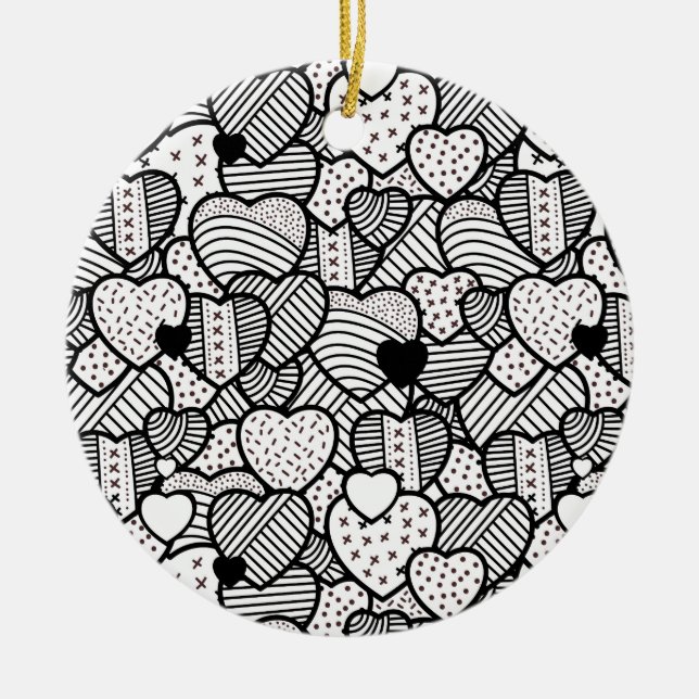 Cute black white hearts patterns ceramic ornament (Front)