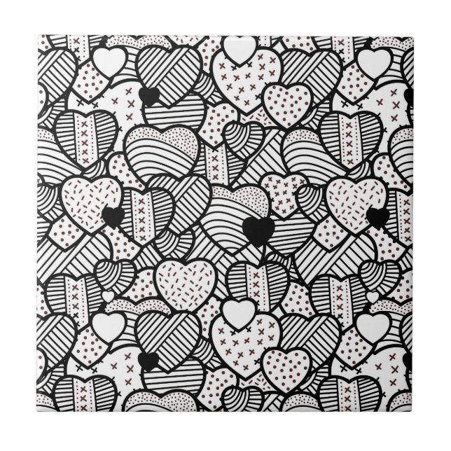 Cute black white hearts patterns ceramic tile (Front)