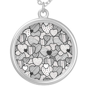 Cute black white hearts patterns silver plated necklace