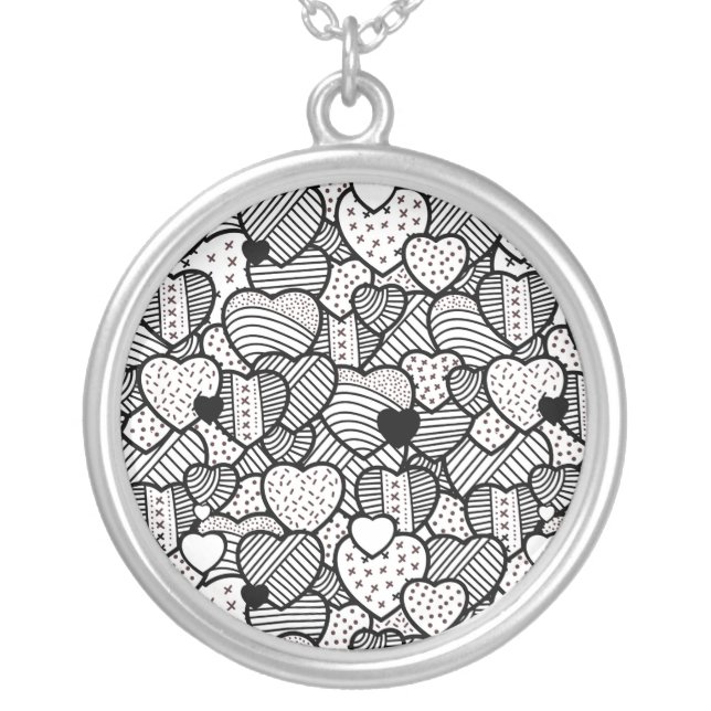 Cute black white hearts patterns silver plated necklace (Front)