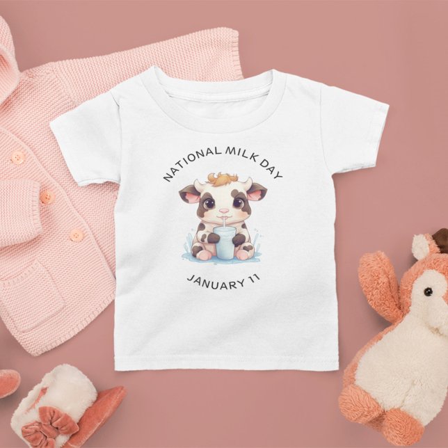 Cute Black & White Kawaii Baby Cow Drinking Milk Baby T-Shirt (Creator Uploaded)