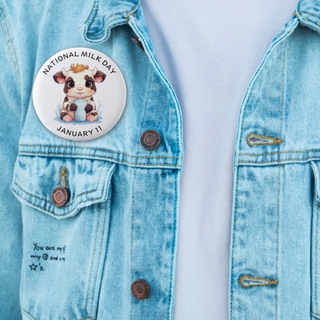 Cute Black & White Kawaii Baby Cow Drinking Milk Button (Creator Uploaded)