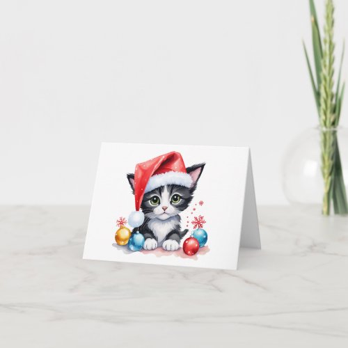 Cute Black  White Kitten in Santa Hat Christmas  Card