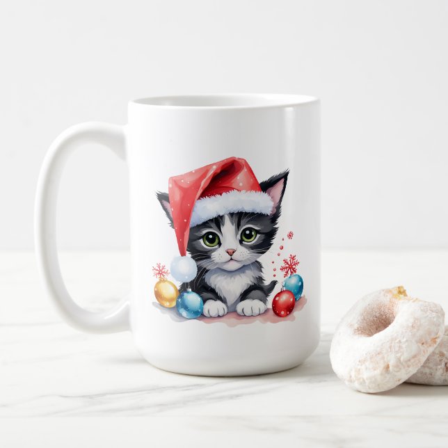 Cute Black & White Kitten in Santa Hat Christmas  Coffee Mug (With Donut)