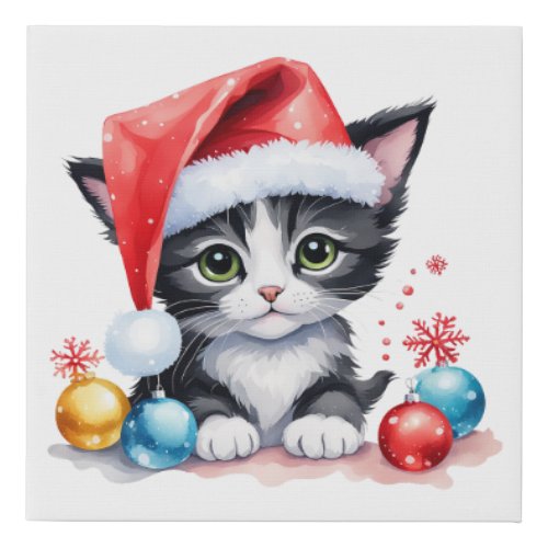 Cute Black  White Kitten in Santa Hat Christmas  Faux Canvas Print