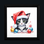 Cute Black & White Kitten in Santa Hat Christmas  Gift Box<br><div class="desc">Adorable black and white kitty wearing Santa’s hat sitting amongst Christmas decorations on this wooden keepsake jewelry box.</div>
