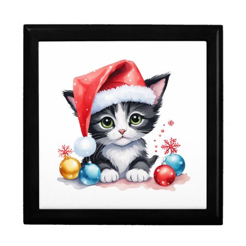 Cute Black  White Kitten in Santa Hat Christmas  Gift Box