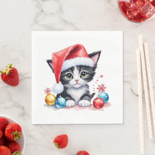 Cute Black  White Kitten in Santa Hat Christmas  Napkins