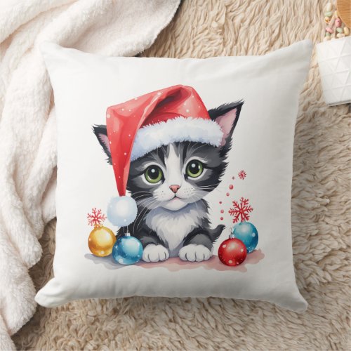 Cute Black  White Kitten in Santa Hat Christmas  Throw Pillow