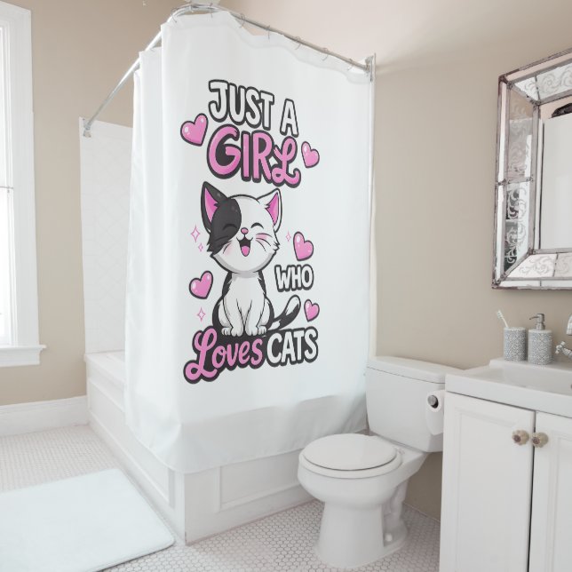 Cute Black & White Kitten & Pink Hearts Shower Curtain (In Situ)