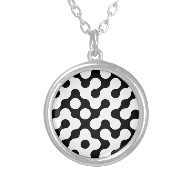Cute black white labyrinth pattern silver plated necklace (Front)