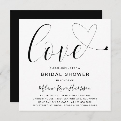 Cute Black White Love Heart Modern Bridal Shower Invitation