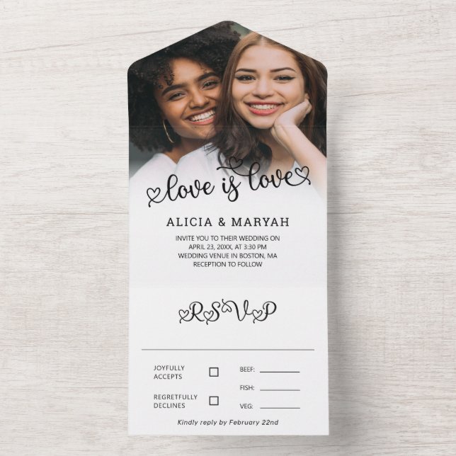 Cute Black White Love Is Love Wedding All In One Invitation (Inside)