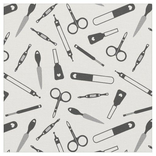 Cute Black White Manicurist Tools Pattern Fabric