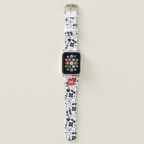 Cute Black White Medical Pattern Nurse Monogrammed Apple Watch Band