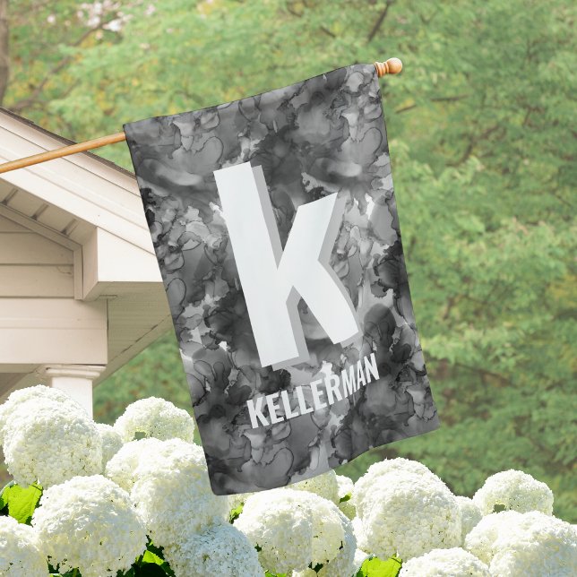 Cute Black White Monogram Family Name Initial House Flag (Cute Black White Watercolor Monogram Initial Name House Flag)