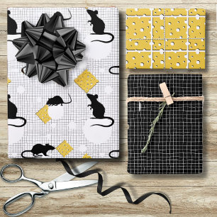 Cute Black White Mouse Rat Swiss Cheese  Wrapping Paper Sheets