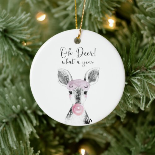 Cute Black  White Oh Deer What A Year Quote Ceramic Ornament