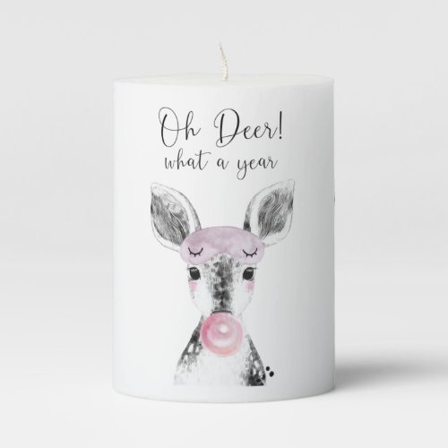 Cute Black  White Oh Deer What A Year Quote Pillar Candle