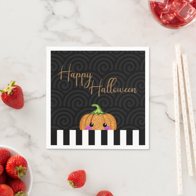 Cute Black White Orange Glitter Pumpkin Halloween Napkins (Insitu)