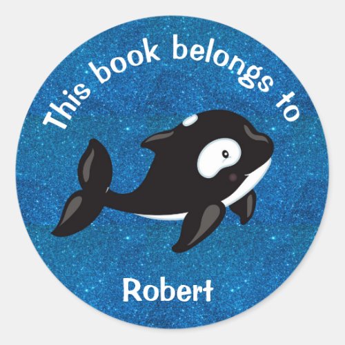 Cute Black White Orca on Glittery Blue Classic Round Sticker